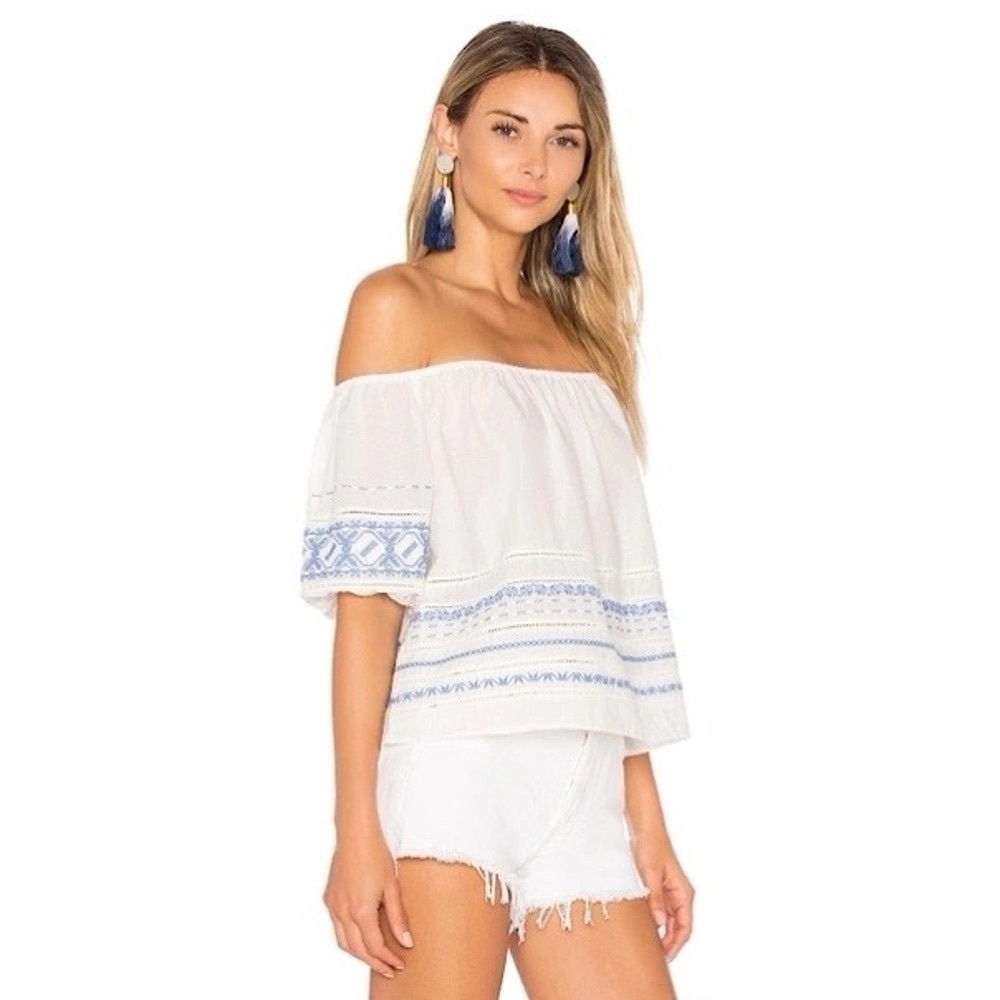 LoveShackFancy White and Blue Off-Shoulder Top